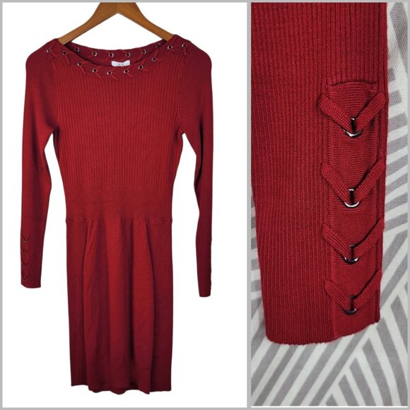 Cache Sweater Shirt Dress size Small Braided Trim Red Bodycon Stretch Red - Picture 1 of 6